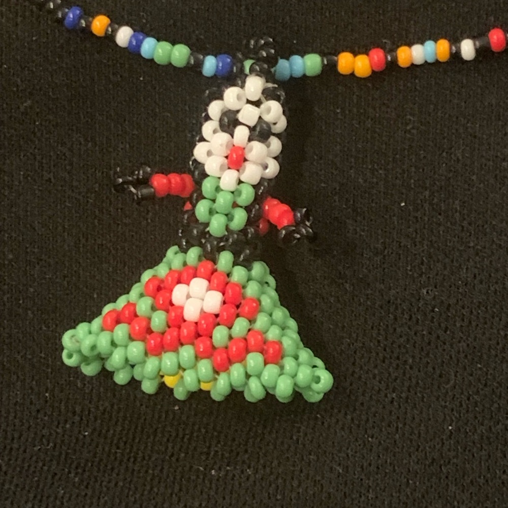 Handmade Seed Bead Doll Pendant Necklace — Green, Red, White, Black